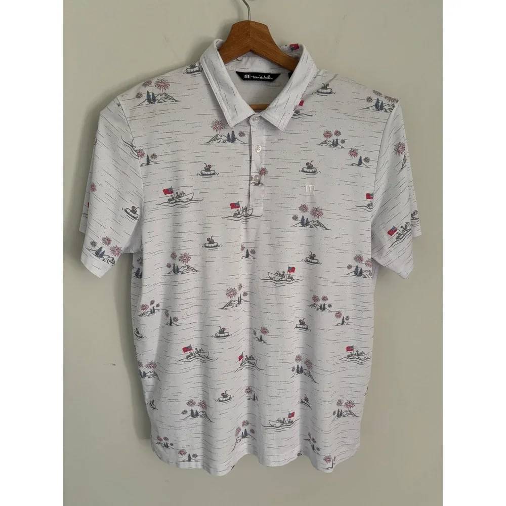 TravisMathew Mens XL White Boat Fireworks Graphic Print Golf Polo Shirt